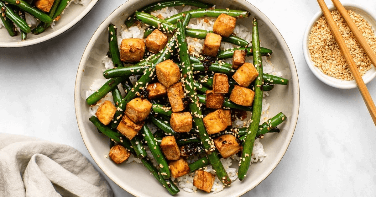 Tofu Green Bean Stir Fry as a quick and healthy WFH lunch.